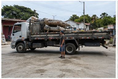 Caminhão carregado de material de construção parado na rua, com o motorista ao lado.