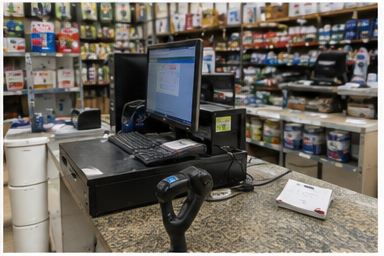 O caixa de uma loja de material de construção, com monitor, teclado e leitor de código de barras sobre o balcão.