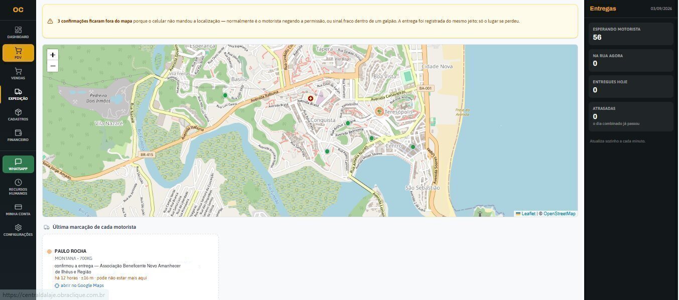 Painel de Expedição do ObraClique com o mapa, os pinos das entregas confirmadas e o quadro do dia.