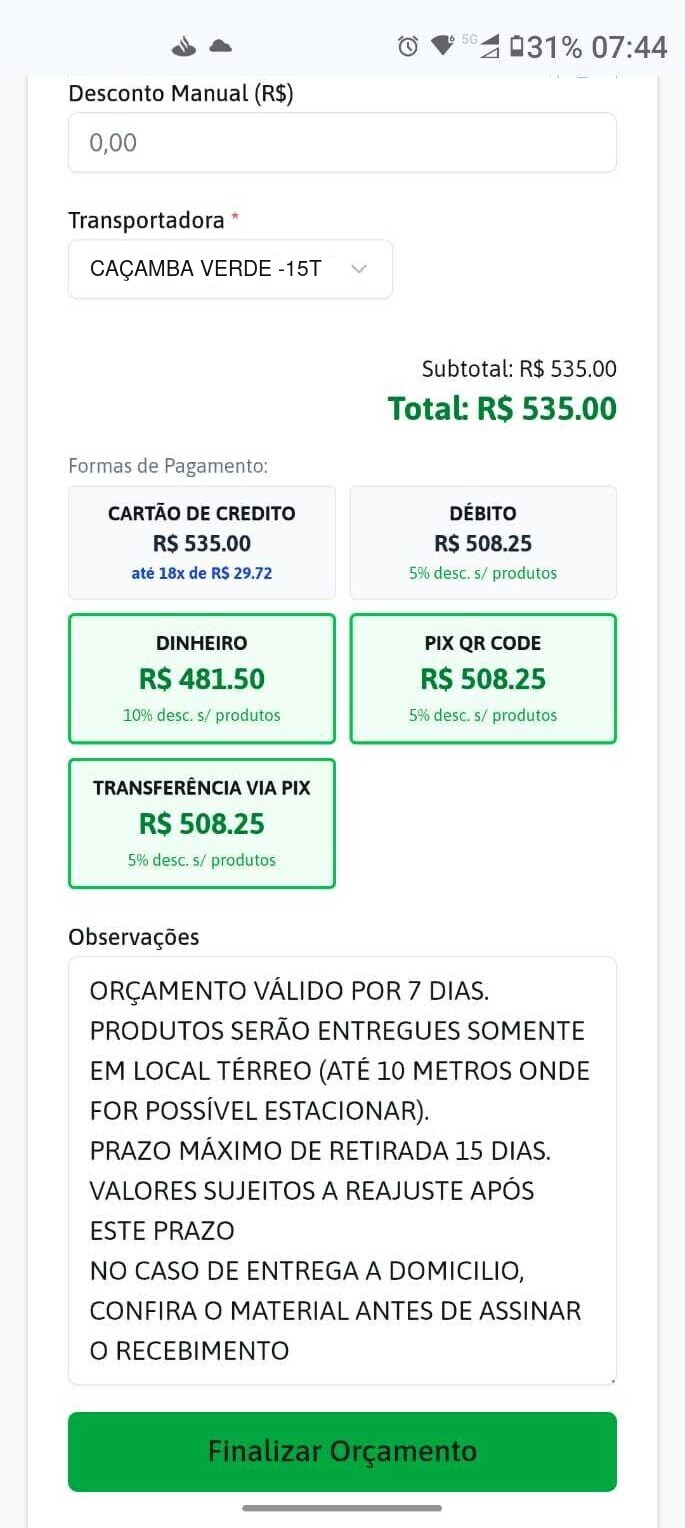 O orcamento do ObraClique no celular, com as formas de pagamento lado a lado: cartao em 18x, dinheiro com 10% de desconto e PIX com 5%.