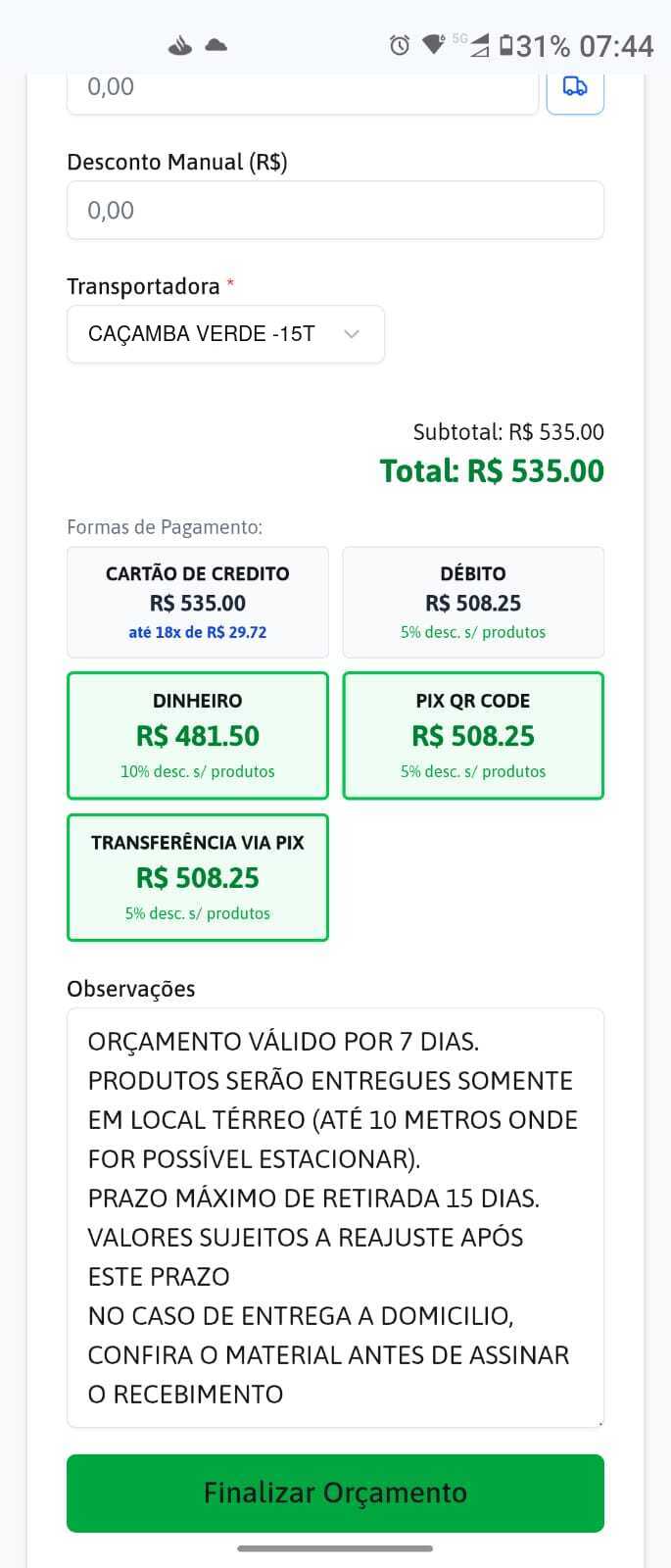 O orçamento do ObraClique no celular, com o quadro de formas de pagamento e as observações padrão da loja.